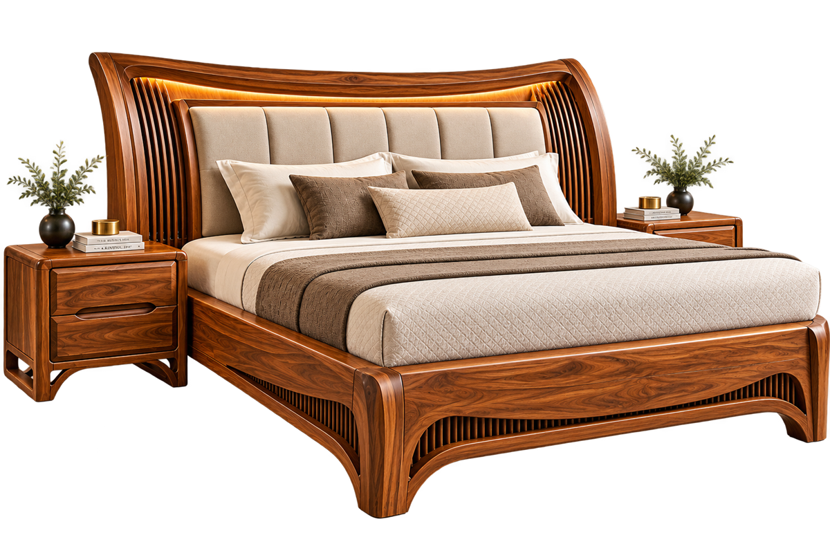 Wooden cot with carved headboard made at the Aleaf Furnitures factory in Choodasandra