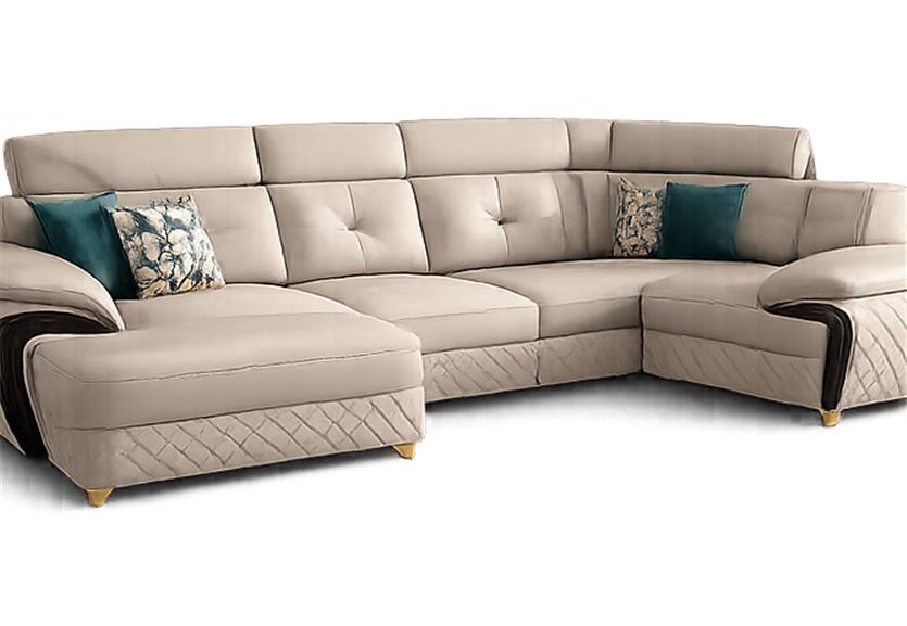 Beige U-shape sectional sofa with teal accent cushions