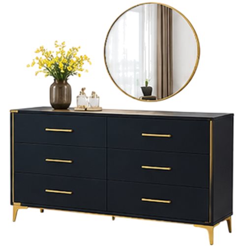 Navy dresser with round gold-framed mirror