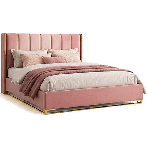 Blush velvet upholstered bed with channel-tufted headboard and gold trim