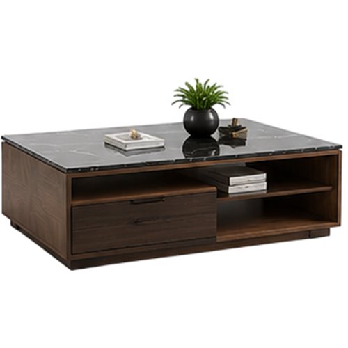 Walnut coffee table with black marble top, drawer and open shelf