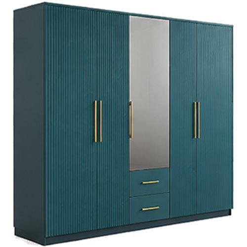 Teal fluted 4-door wardrobe with mirror panel and gold handles