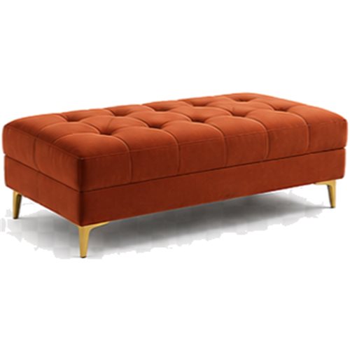 Rust velvet tufted storage bench with gold legs