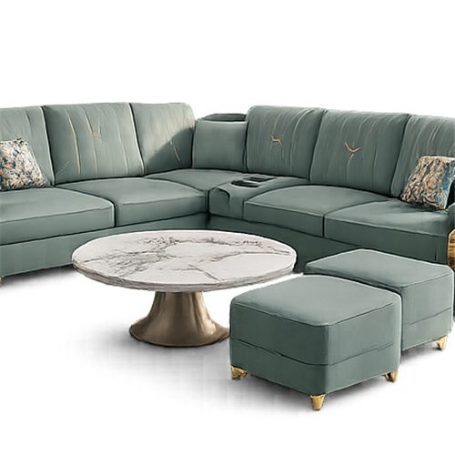 Sage green sectional sofa with round marble coffee table and ottomans