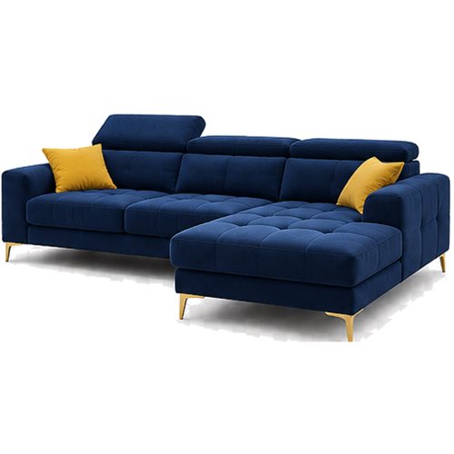 Navy velvet L-shape sofa with mustard cushions and gold legs