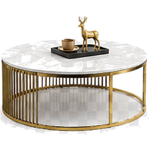 Round marble-top coffee table with gold cage base