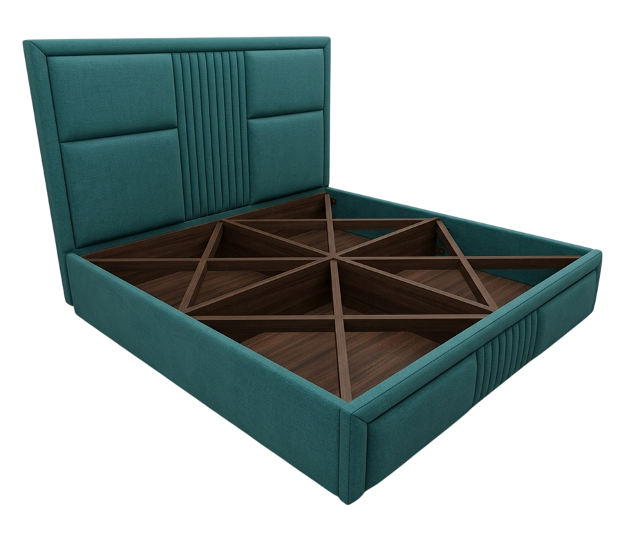 Wooden king bed with head and bottom storage, placeholder photo